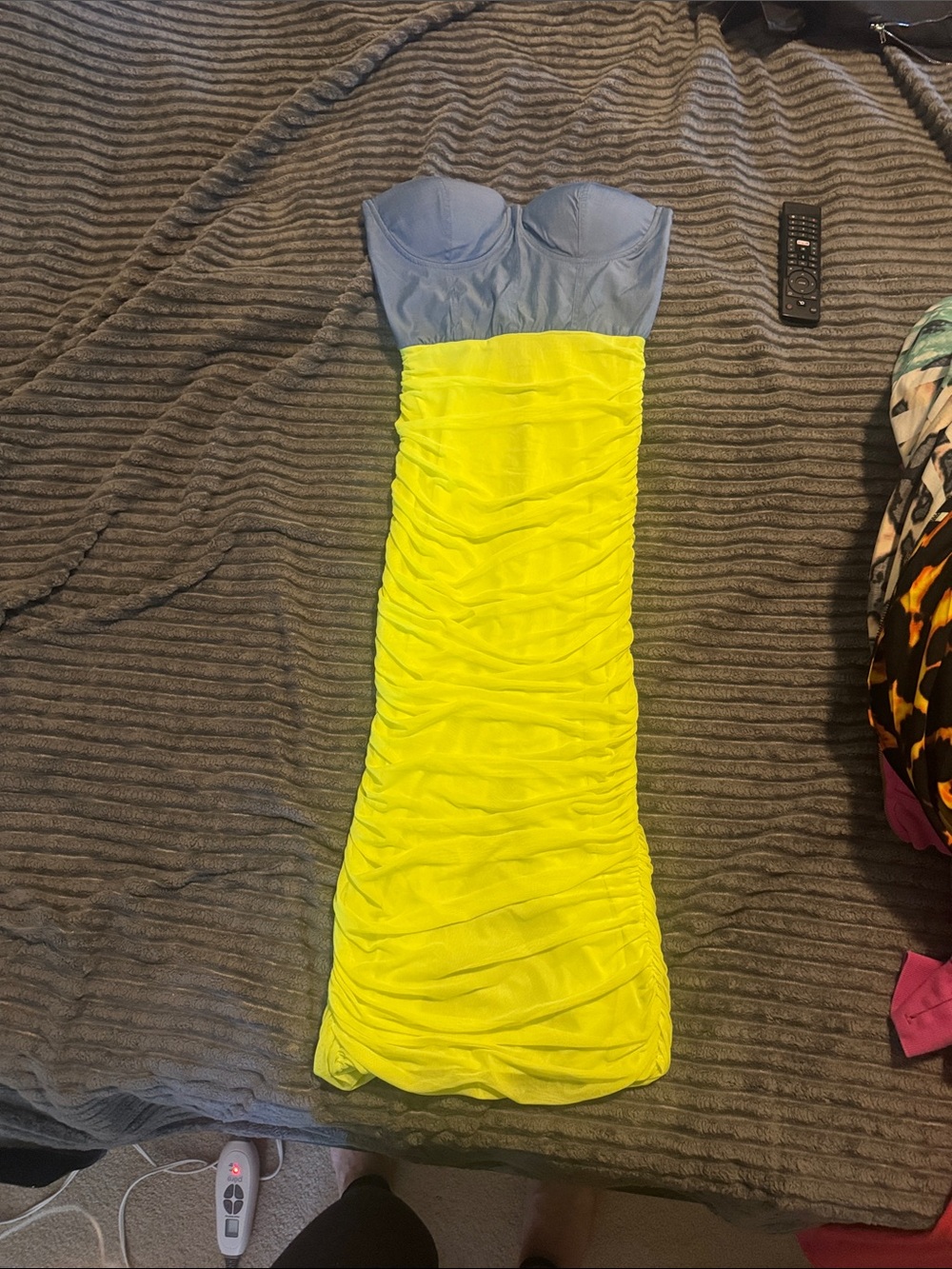 SHEIN Strapless Two-Tone Ruched Bodycon Dress in Light Blue and Neon Yellow